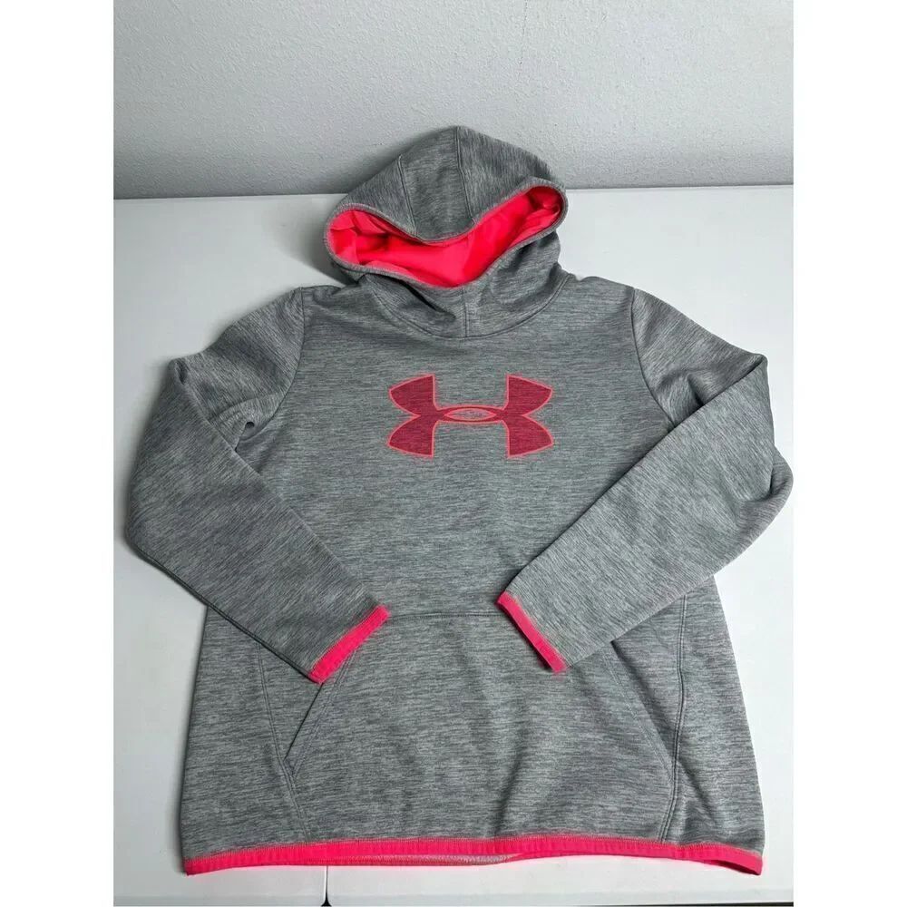 Under Armour UA Storm Fleece Cold Gear Big Logo Hoodie Sz Youth XL Gray Pink
